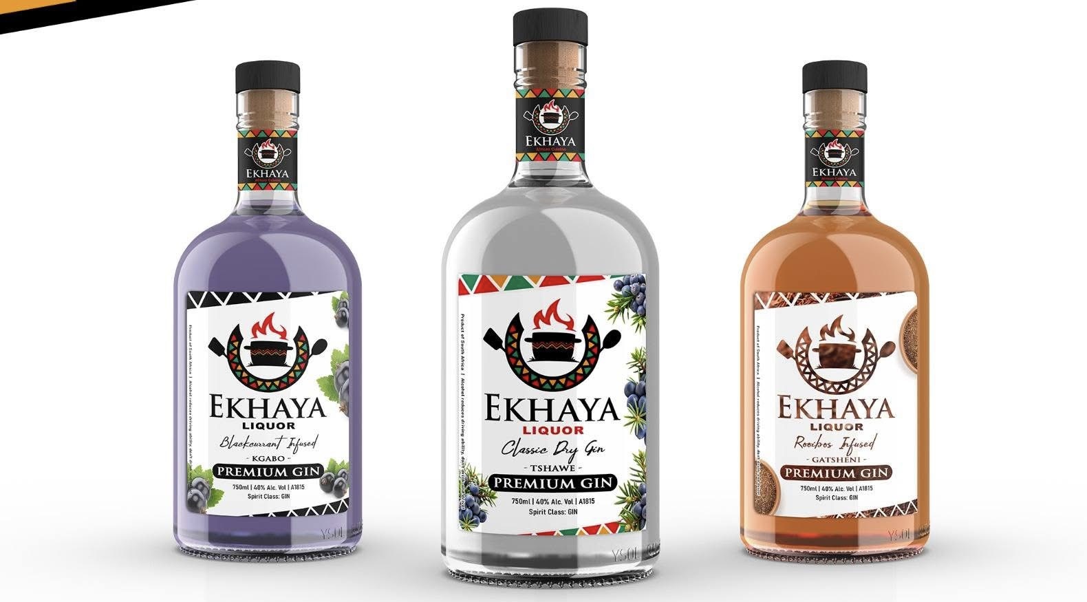 Ekhaya Premium Gin bottles — Blackcurrant, Classic Dry and Rooibos Infused